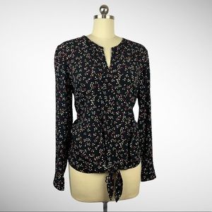 J Jill Tiny-Floral-on-Black Long-Sleeved Blouse M